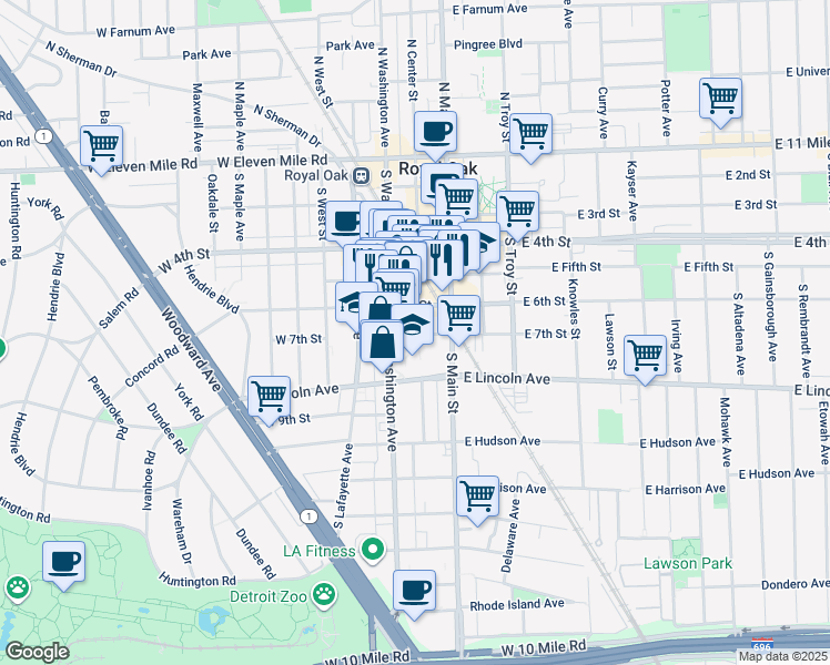 map of restaurants, bars, coffee shops, grocery stores, and more near 727 South Center Street in Royal Oak