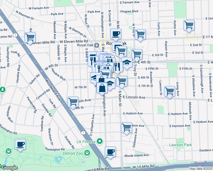 map of restaurants, bars, coffee shops, grocery stores, and more near 720 South Washington Avenue in Royal Oak