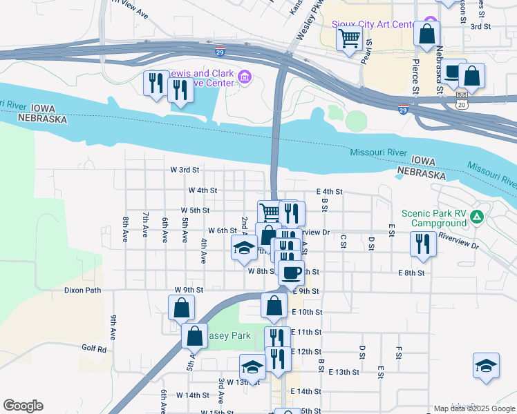 map of restaurants, bars, coffee shops, grocery stores, and more near 500-598 1st Avenue in South Sioux City