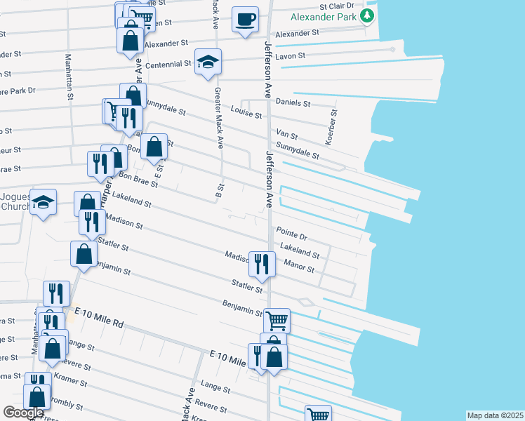 map of restaurants, bars, coffee shops, grocery stores, and more near 26301 Jefferson Avenue in Saint Clair Shores