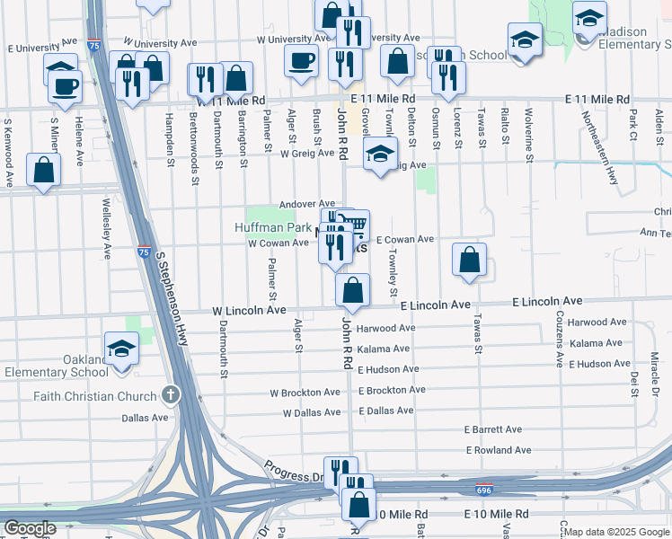 map of restaurants, bars, coffee shops, grocery stores, and more near 26070 Brush Street in Madison Heights