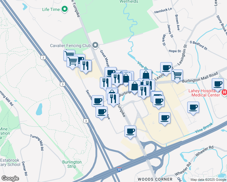 map of restaurants, bars, coffee shops, grocery stores, and more near 99 Middlesex Turnpike in Burlington