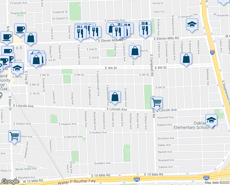 map of restaurants, bars, coffee shops, grocery stores, and more near 630 South Blair Avenue in Royal Oak