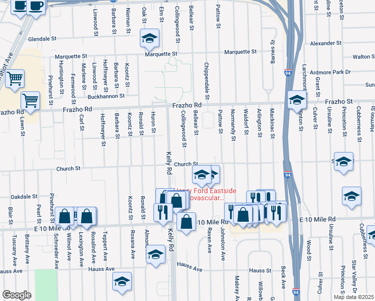 map of restaurants, bars, coffee shops, grocery stores, and more near 25544 Collingwood Street in Roseville