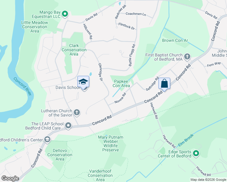 map of restaurants, bars, coffee shops, grocery stores, and more near 30 Glenridge Drive in Bedford