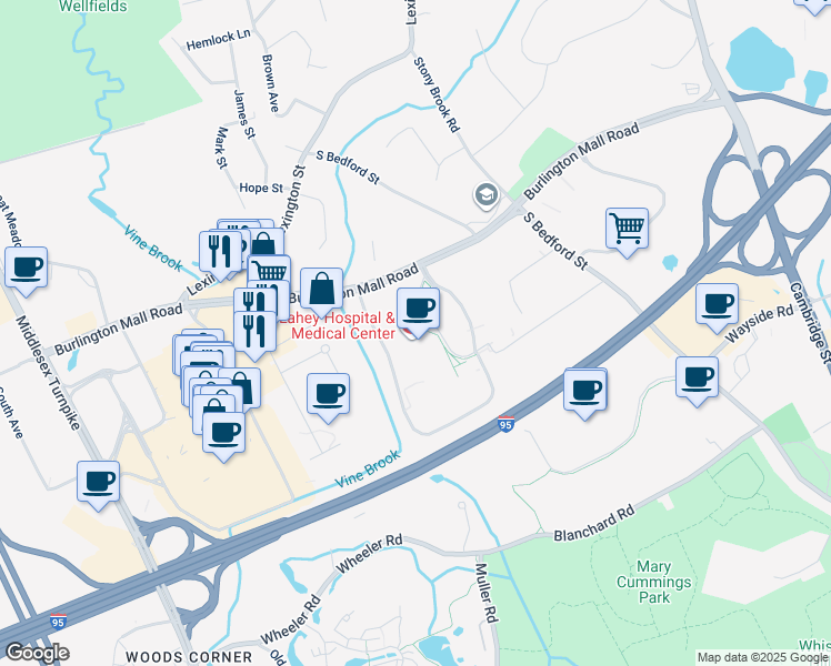 map of restaurants, bars, coffee shops, grocery stores, and more near 41 Burlington Mall Road in Burlington
