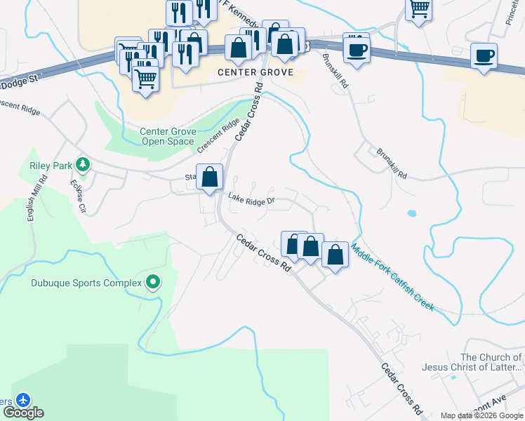 map of restaurants, bars, coffee shops, grocery stores, and more near 421 Banak Court in Dubuque