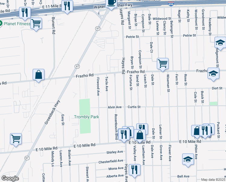 map of restaurants, bars, coffee shops, grocery stores, and more near 25745 Rosenbusch Boulevard in Warren