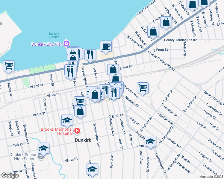 map of restaurants, bars, coffee shops, grocery stores, and more near 108-114 West 4th Street in Dunkirk