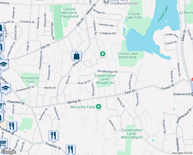 map of restaurants, bars, coffee shops, grocery stores, and more near 29 Bow Street Court in Stoneham