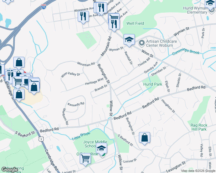 map of restaurants, bars, coffee shops, grocery stores, and more near 1 Thornton Street in Woburn