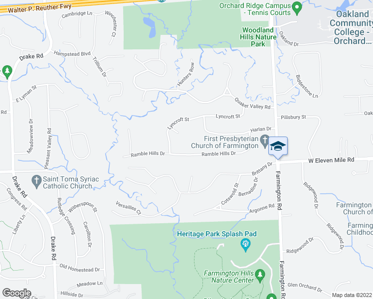 map of restaurants, bars, coffee shops, grocery stores, and more near 34140 Ramble Hills Drive in Farmington Hills