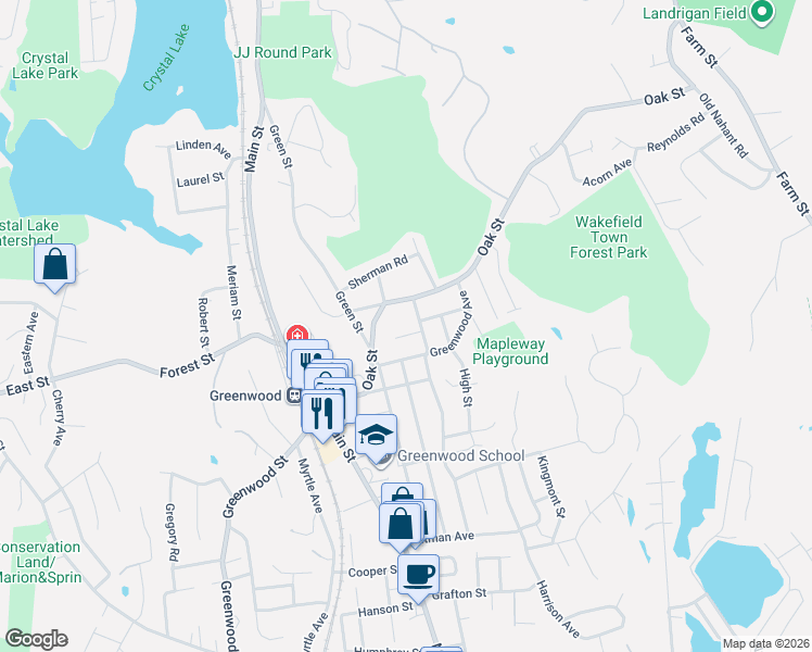 map of restaurants, bars, coffee shops, grocery stores, and more near 2 Orchard Circle in Wakefield