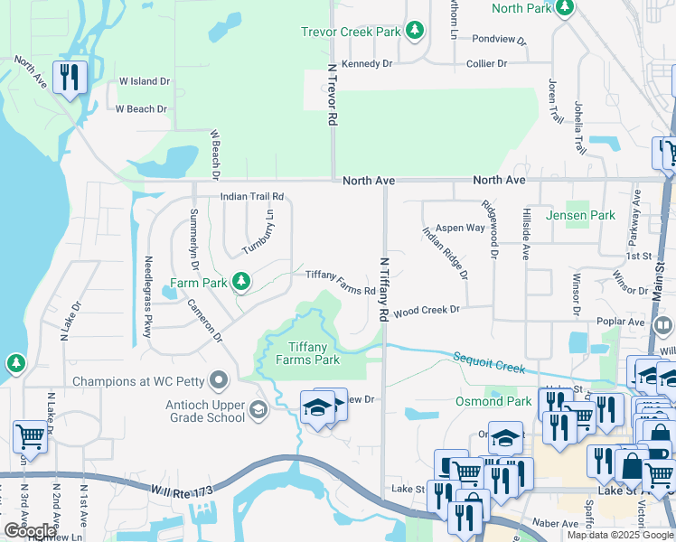 map of restaurants, bars, coffee shops, grocery stores, and more near 787 Tiffany Farms Road in Antioch
