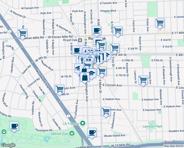 map of restaurants, bars, coffee shops, grocery stores, and more near 620 South Center Street in Royal Oak
