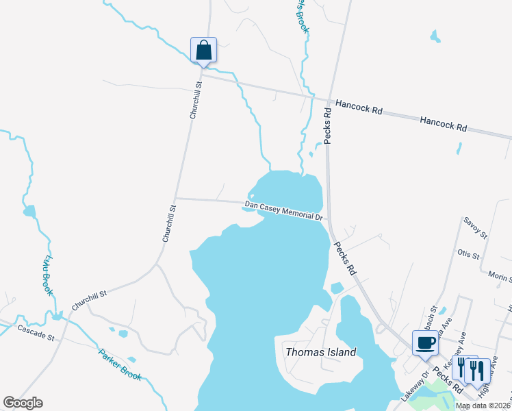map of restaurants, bars, coffee shops, grocery stores, and more near Dan Casey Memorial Drive in Pittsfield