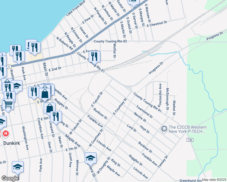 map of restaurants, bars, coffee shops, grocery stores, and more near 130 Hoyt Street in Dunkirk