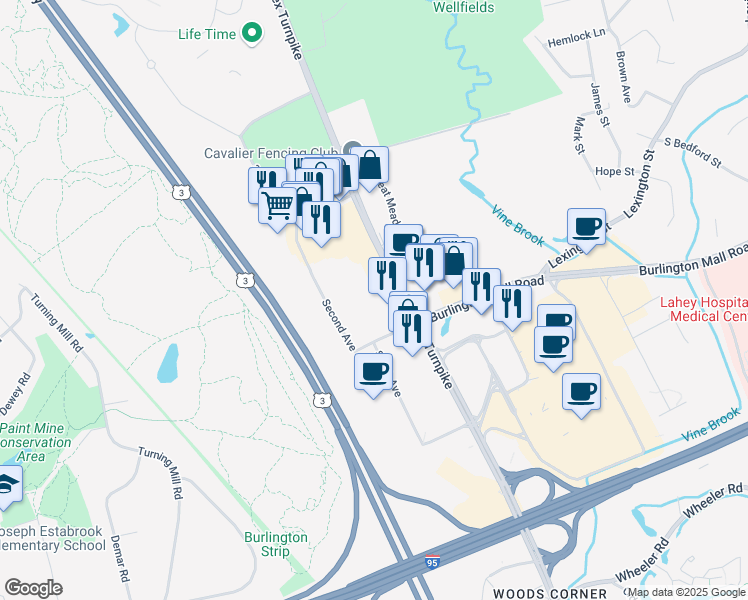 map of restaurants, bars, coffee shops, grocery stores, and more near 130R Middlesex Turnpike in Burlington