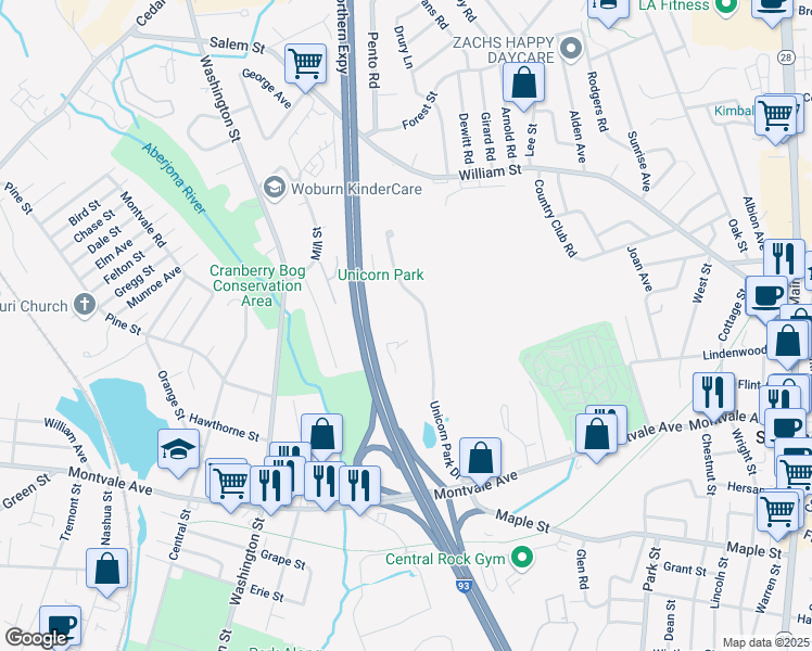 map of restaurants, bars, coffee shops, grocery stores, and more near 400 Unicorn Park Drive in Woburn