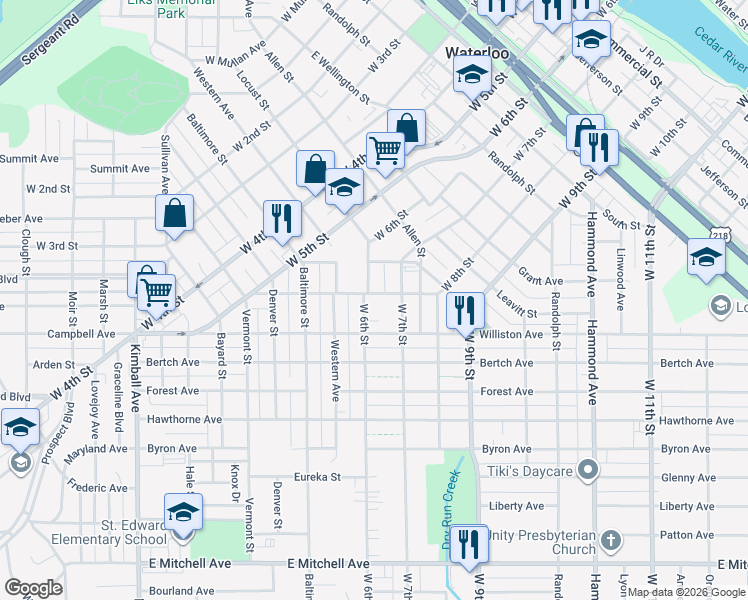 map of restaurants, bars, coffee shops, grocery stores, and more near 1222 West 6th Street in Waterloo