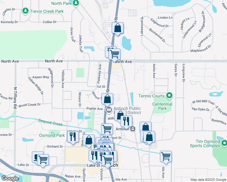 map of restaurants, bars, coffee shops, grocery stores, and more near 661 Main Street in Antioch