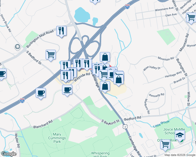 map of restaurants, bars, coffee shops, grocery stores, and more near 2 Wall Street in Burlington