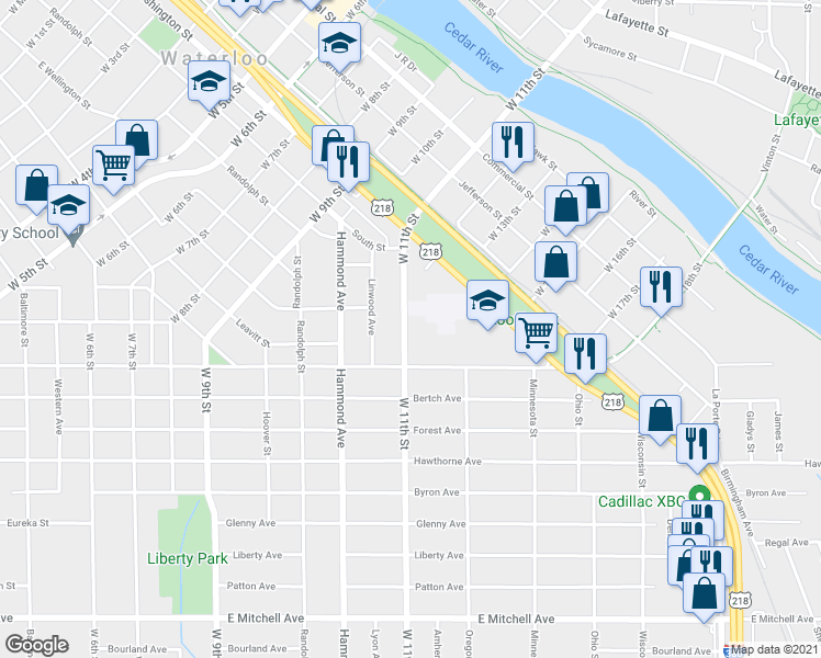 map of restaurants, bars, coffee shops, grocery stores, and more near 719 West 11th Street in Waterloo