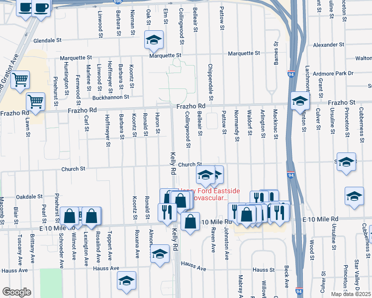 map of restaurants, bars, coffee shops, grocery stores, and more near 25544 Collingwood Street in Roseville