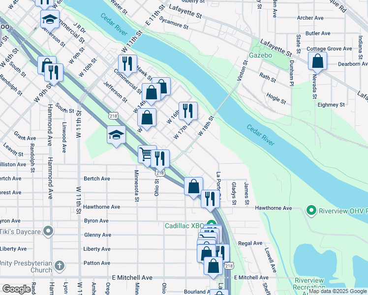 map of restaurants, bars, coffee shops, grocery stores, and more near 306 18th Street Trail in Waterloo