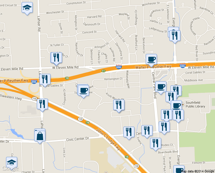 map of restaurants, bars, coffee shops, grocery stores, and more near 20764 Knob Woods Drive in Southfield
