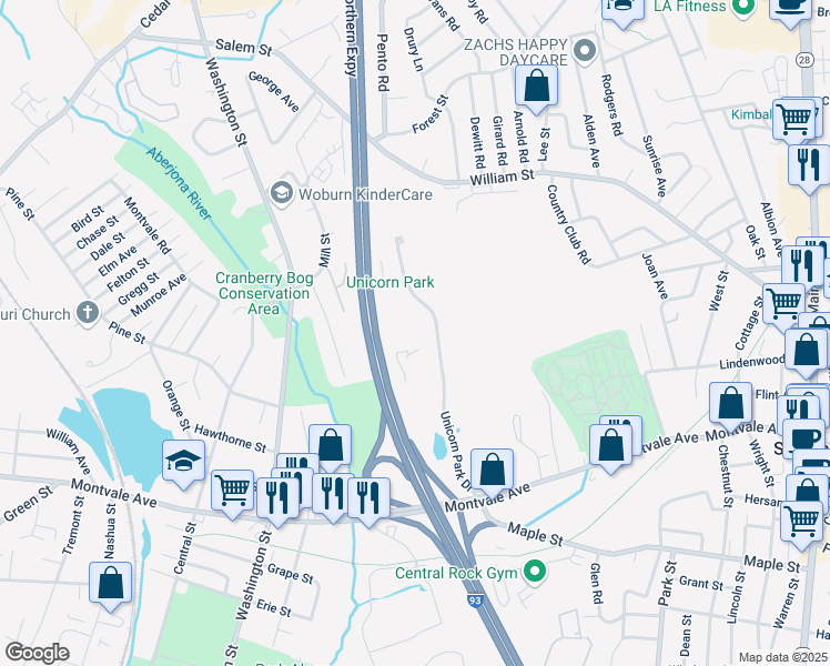map of restaurants, bars, coffee shops, grocery stores, and more near 400 Unicorn Park Drive in Woburn