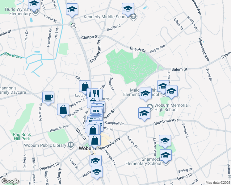 map of restaurants, bars, coffee shops, grocery stores, and more near 35 Davis Street in Woburn