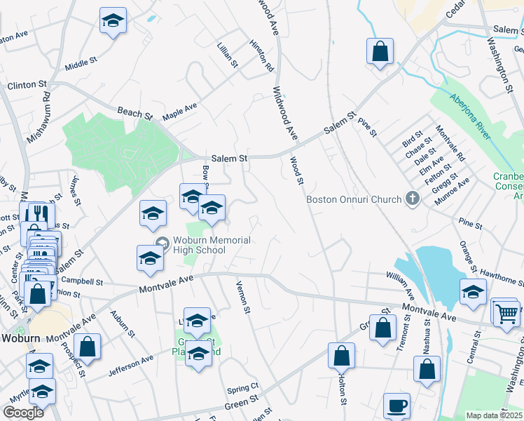map of restaurants, bars, coffee shops, grocery stores, and more near 39 Sherman Place in Woburn