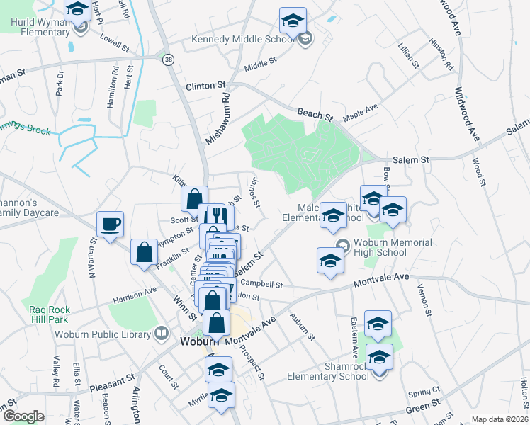 map of restaurants, bars, coffee shops, grocery stores, and more near 35 Davis Street in Woburn
