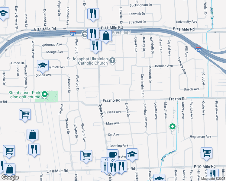 map of restaurants, bars, coffee shops, grocery stores, and more near 4025 Frazho Road in Warren