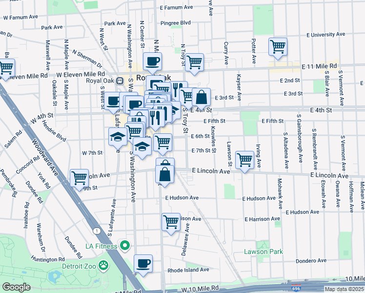 map of restaurants, bars, coffee shops, grocery stores, and more near 220 East 7th Street in Royal Oak