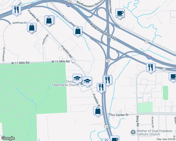 map of restaurants, bars, coffee shops, grocery stores, and more near in Southfield