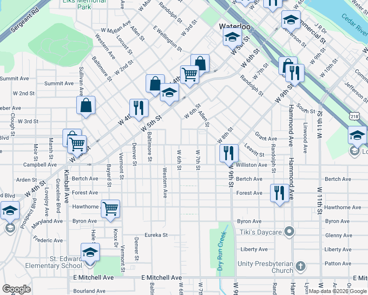 map of restaurants, bars, coffee shops, grocery stores, and more near 1222 West 6th Street in Waterloo