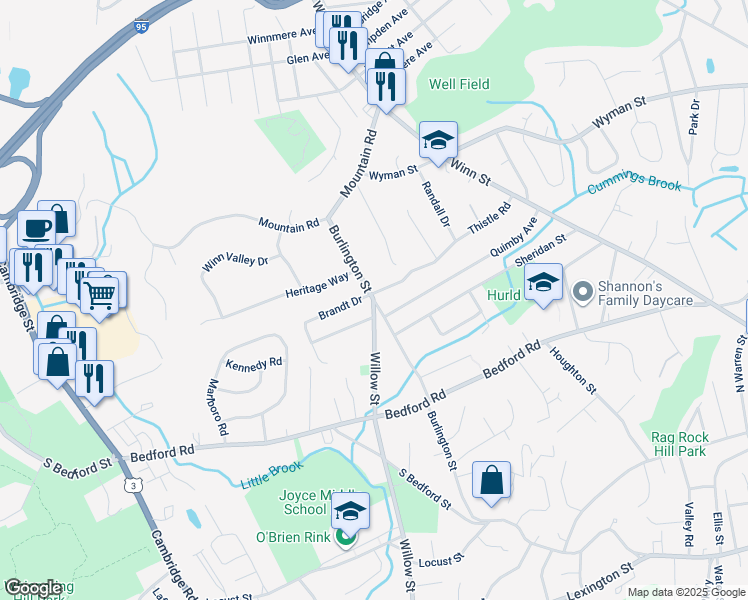 map of restaurants, bars, coffee shops, grocery stores, and more near 139 Willow Street in Woburn