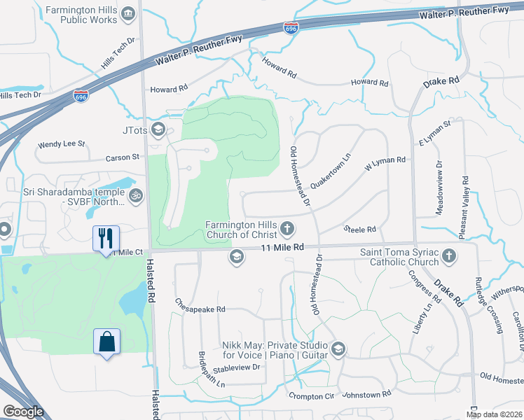 map of restaurants, bars, coffee shops, grocery stores, and more near 36559 West Lyman Road in Farmington Hills