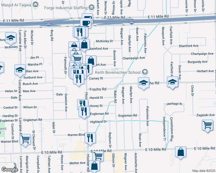 map of restaurants, bars, coffee shops, grocery stores, and more near 11920 Frazho Road in Warren