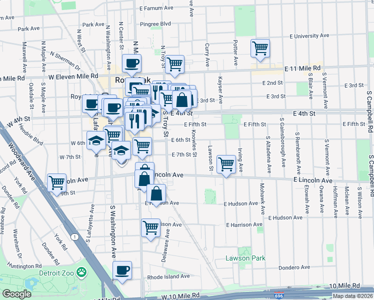 map of restaurants, bars, coffee shops, grocery stores, and more near 402 East 7th Street in Royal Oak