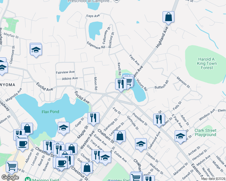 map of restaurants, bars, coffee shops, grocery stores, and more near 51-53 Western Avenue in Lynn