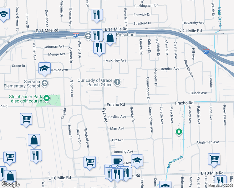 map of restaurants, bars, coffee shops, grocery stores, and more near 4025 Frazho Road in Warren