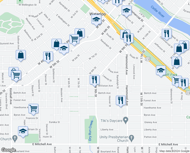 map of restaurants, bars, coffee shops, grocery stores, and more near 619 Johnson Street in Waterloo