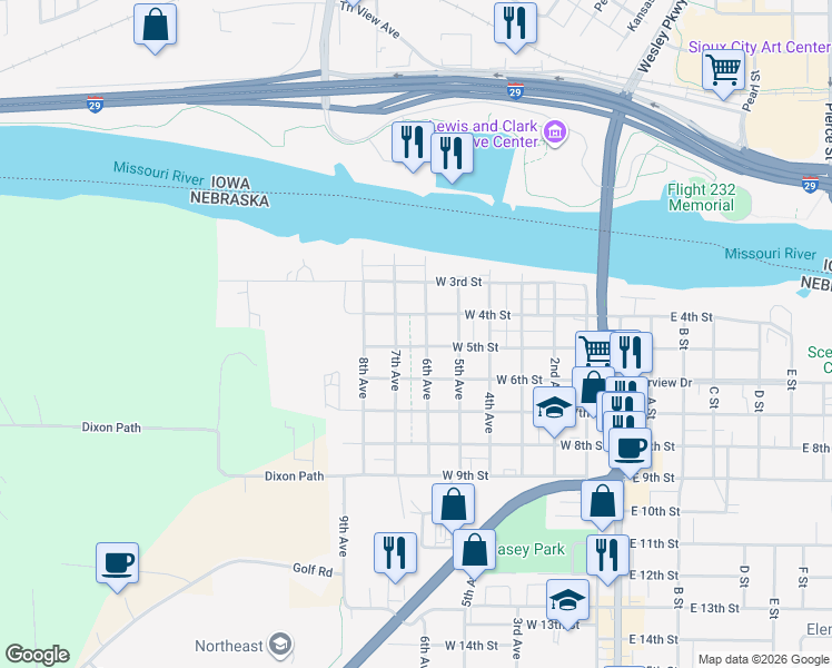 map of restaurants, bars, coffee shops, grocery stores, and more near 500-598 7th Avenue in South Sioux City