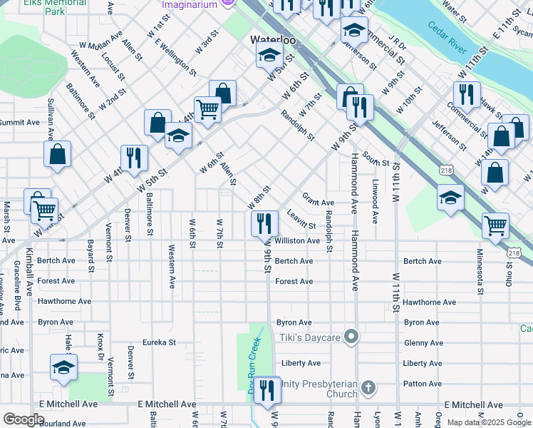 map of restaurants, bars, coffee shops, grocery stores, and more near 1102 West 9th Street in Waterloo