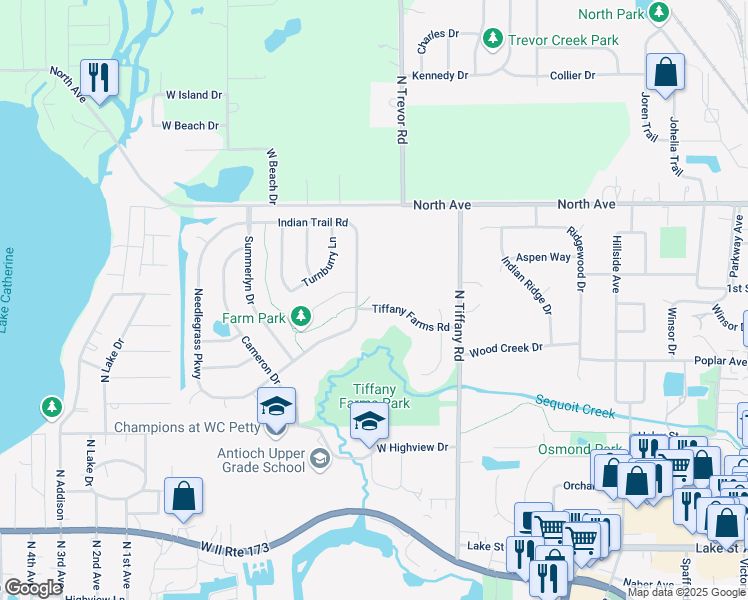 map of restaurants, bars, coffee shops, grocery stores, and more near 834 Tiffany Farms Road in Antioch