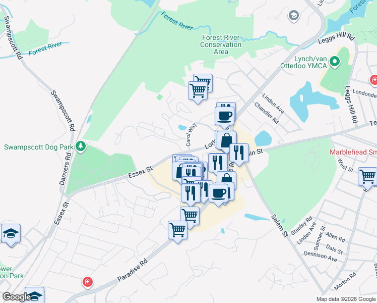 map of restaurants, bars, coffee shops, grocery stores, and more near 63 Loring Avenue in Salem