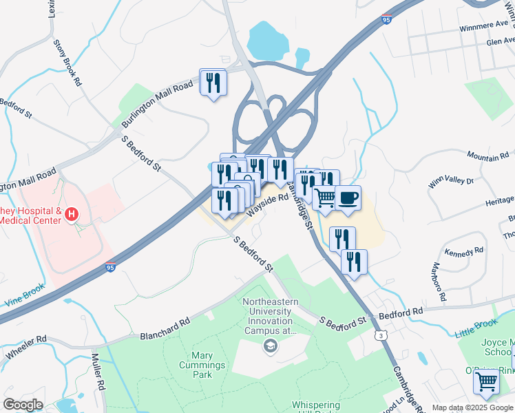 map of restaurants, bars, coffee shops, grocery stores, and more near Wayside Road in Burlington